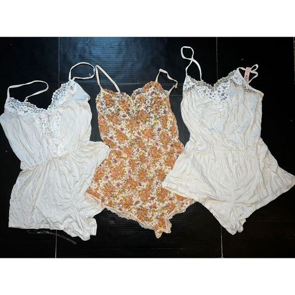 NWT Victoria's Secret XS ROMPER teddy LOT 3 ivory BEIGE white orange floral lace